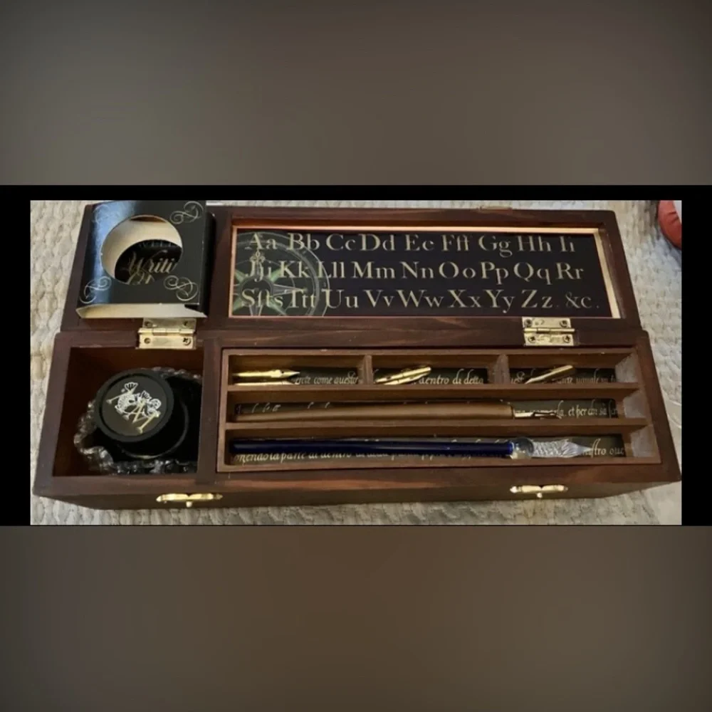 Traveller's Writing Chest w/ Calligraphy Tools Wood Box Ink + Glass Writing Pen